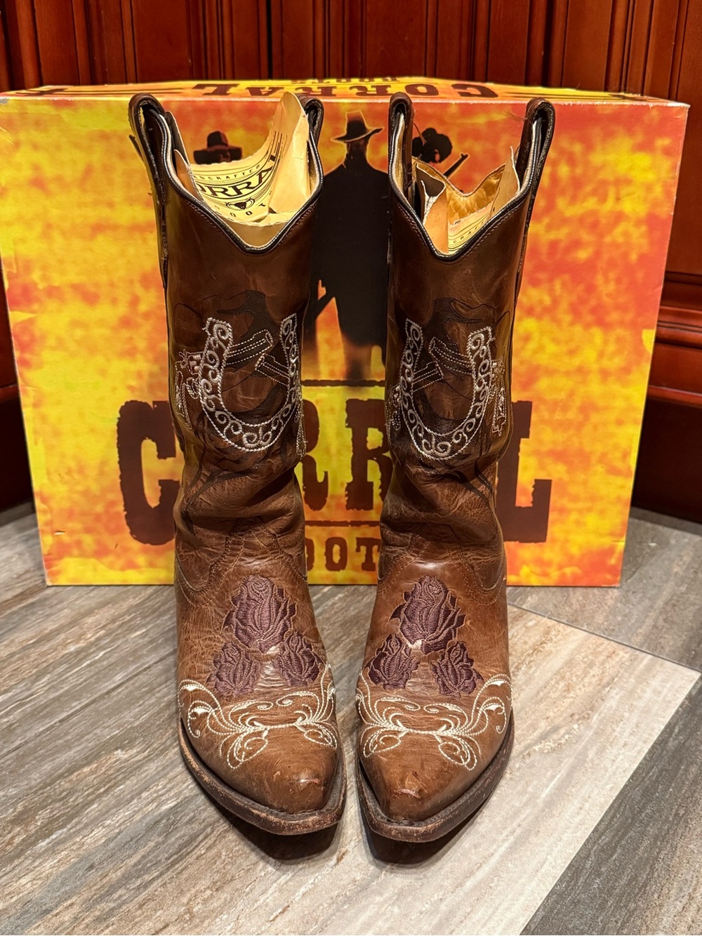 Corral Cowboy Boots Brown Embroidered Rodeo Cowgirl Guns Roses Western